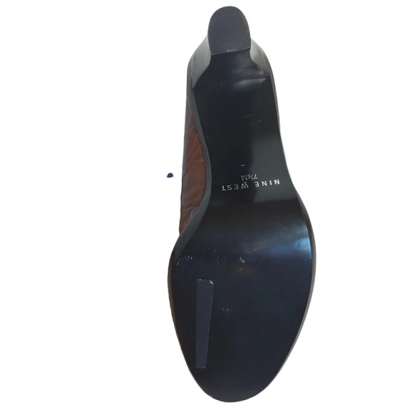 Nine West Cognac Alligator Embossed Leather Open Toe Heels Block Heel - Picture 11 of 15